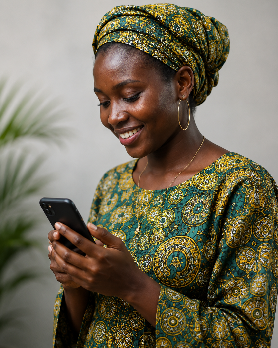 A smiling African woman using her smartphone