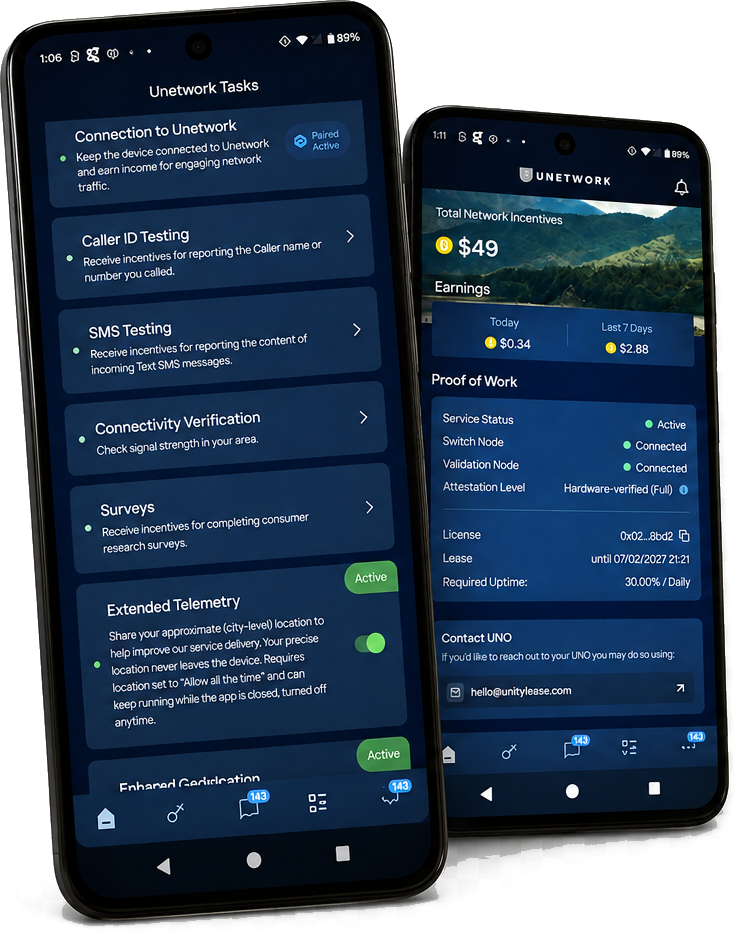 Overlapping Unetwork app screens showing participation tasks and earnings of $49 total, $0.34 today, and $2.88 over the last seven days